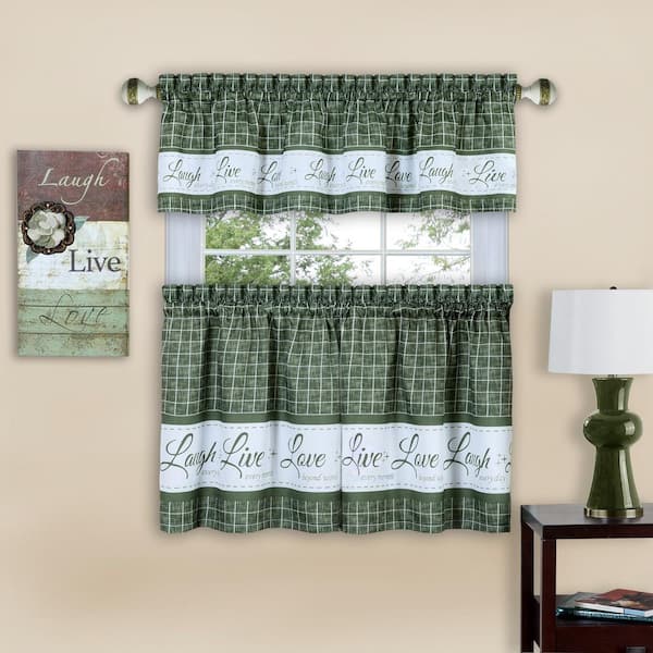 ACHIM Live, Love, Laugh Green Polyester Light Filtering Rod Pocket Tier and Valance Curtain Set 58 in. W x 24 in. L