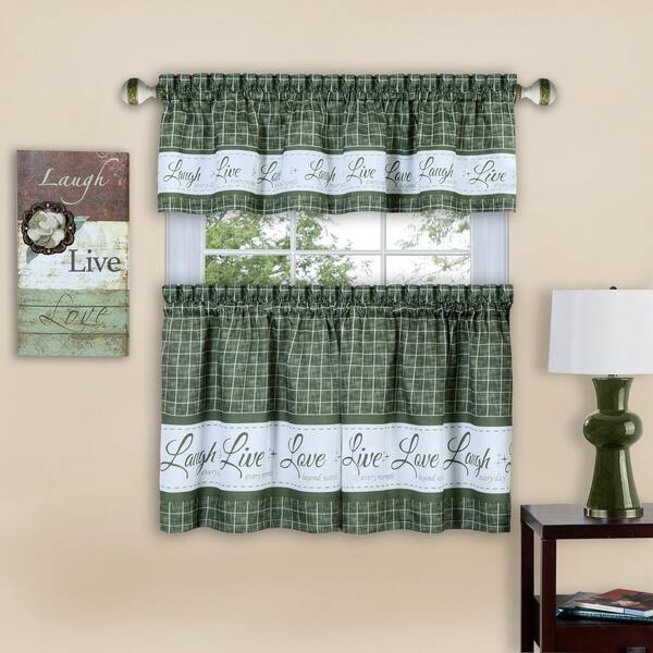 ACHIM Live, Love, Laugh Green Polyester Light Filtering Rod Pocket Tier and Valance Curtain Set 58 in. W x 36 in. L