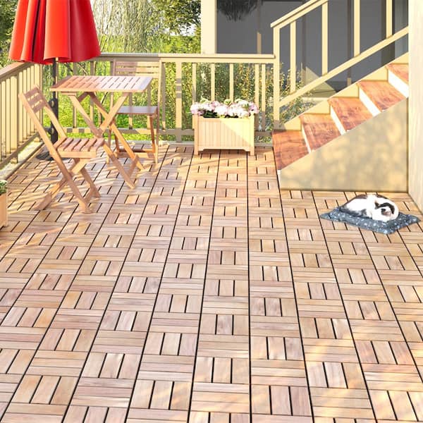 YOFE 1 ft. x 1 ft. Acacia Wood Interlocking Deck Tiles in Natural, Indoor Outdoor Checker Pattern Floor Tiles (30 per Case)