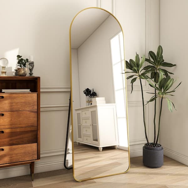 XRAMFY 20 in. W x 63 in. H Arched Gold Aluminum Alloy Framed Rounded Full Length Mirror Standing Floor Mirror