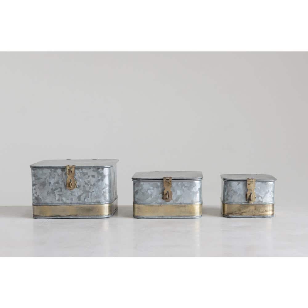 Rustic Galvanized Metal Lidded Storage Boxes with Brass Accents