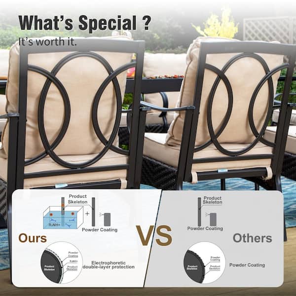 PHI VILLA Black Metal Frame Outdoor Dining Chair with Beige PHI VILLA Black Metal Frame Outdoor Dining Chair with Beige