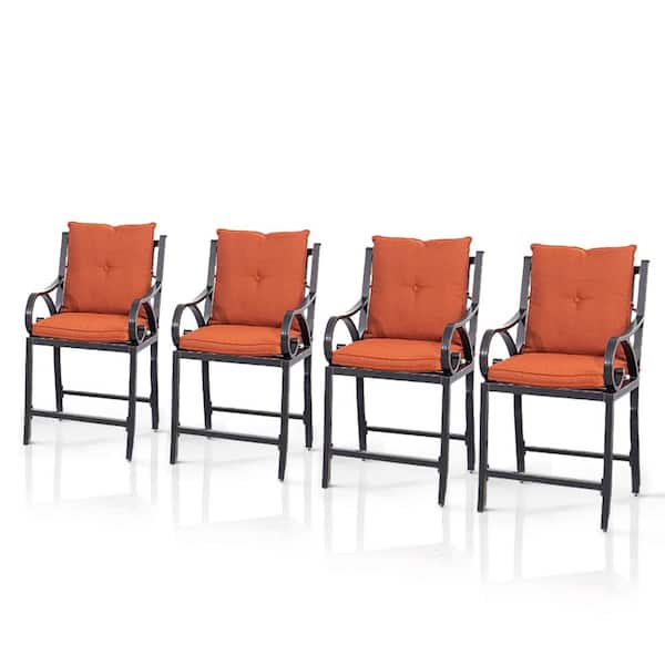 PURPLE LEAF Modern Cast Aluminum Metal Frame Counter Height Outdoor Bar Stool with Arm and Brick Red Cushion (Set of 4)