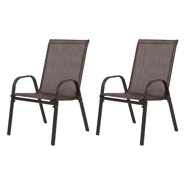Tileon Brown Steel Outdoor Dining Chair Set of 2, Breathable Textilene Fabric Patio Chairs with Armrest and High Backrest