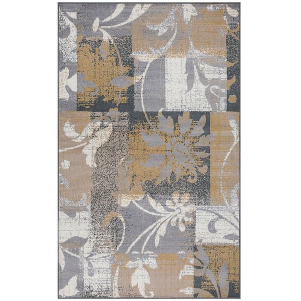 HomeRoots 5 ft. x 8 ft. Beige and Gray Floral Power Loom Distressed Stain Resistant Area Rug