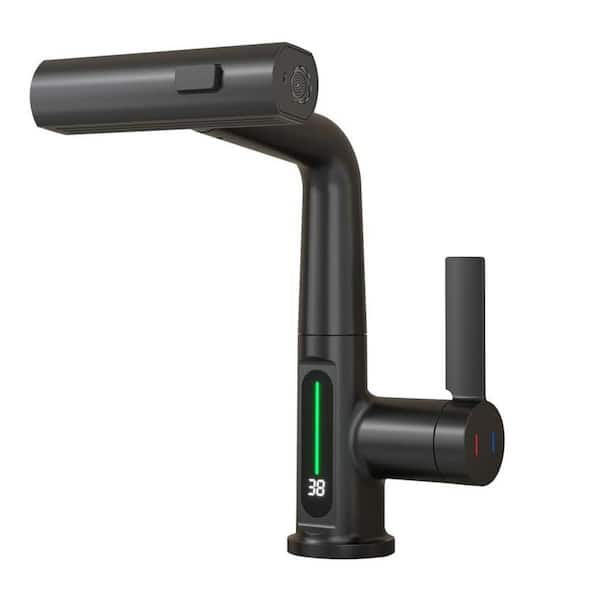 Unbranded Single Handle Lift LED Temperature Digital Display Bathroom Faucet, Bathroom Faucet with Pull Out Sprayer in Matte Black