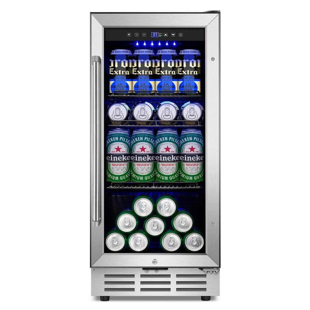 SOZT 14.96 in. Single Zone 130-Cans Beverage Cooler Fridge in Stainless Steel with LCD Touch Control Panel, Frost-free