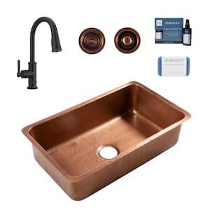 Orwell 30 in. Undermount Single Bowl 16-Gauge Antique Copper Kitchen Sink with Port Haven Bronze Faucet Kit