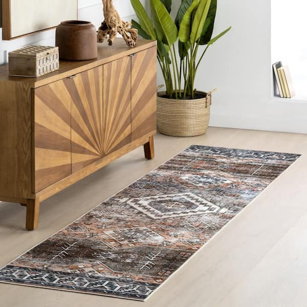 Faded 2.6 ft. x 10 ft. Geometric Spill Proof Washable Rust Indoor Area Rug