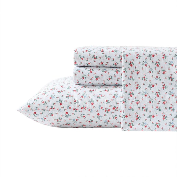 Aylesmore Ditsy Floral 3-Piece Red/Light Blue Percale Cotton Twin Xl Sheet Set