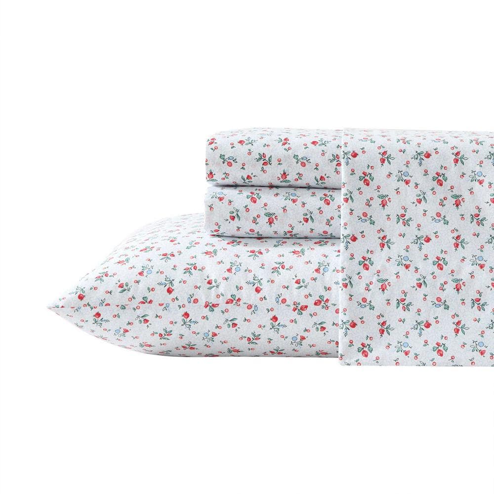 Laura Ashley Aylesmore Ditsy Floral 4-Piece Red/Light Blue Percale Cotton Queen Sheet Set