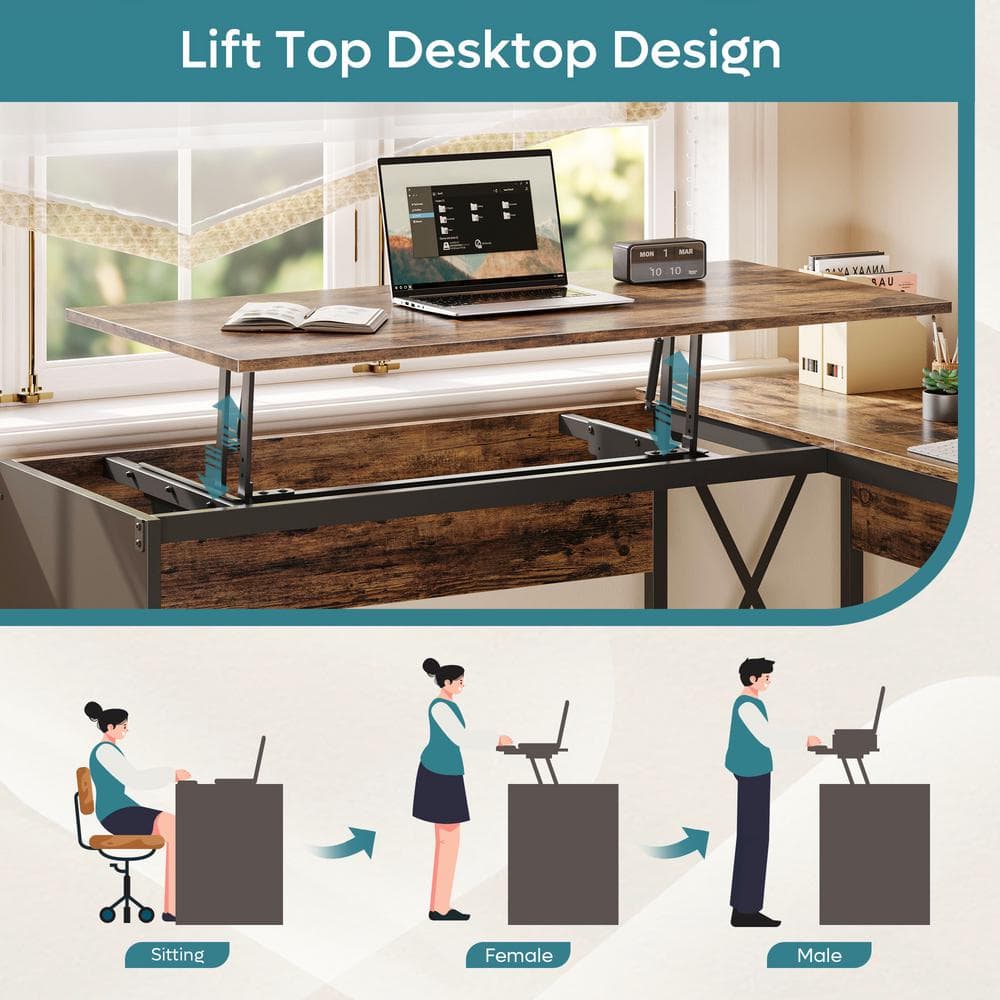 Rustic Brown L-Shaped Adjustable Height Desk with Filing Cabinet