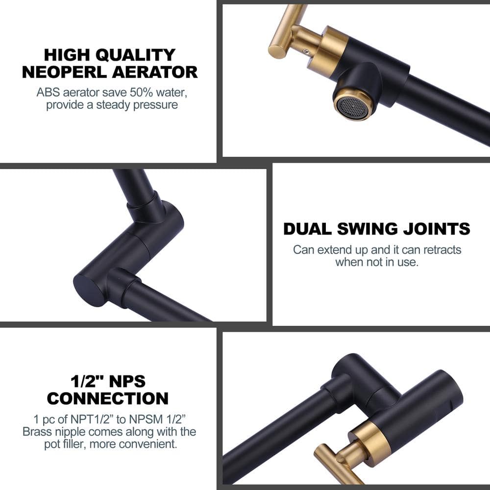 Matte Black and Gold Brass Wall Mount Pot Filler Faucet