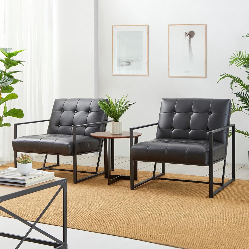 Modern Black Faux Leather Barrel Accent Chair with Metal Frame
