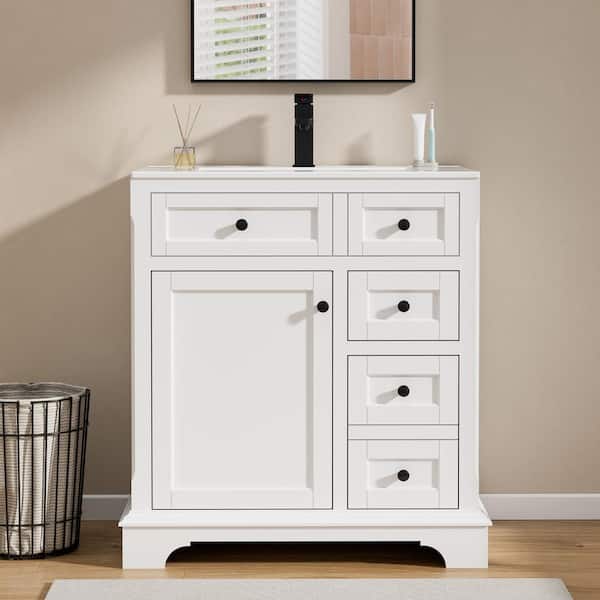 eclife 30 in. W x 18.7 in. D x 34 in. H 1-Sink Freestanding Bath Vanity in White With White Ceramic Top and Drain Faucet Set
