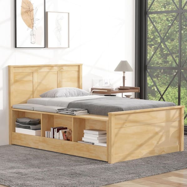 Natural/Brown Wood Frame Twin Size Platform Bed with Pull Out Trundle