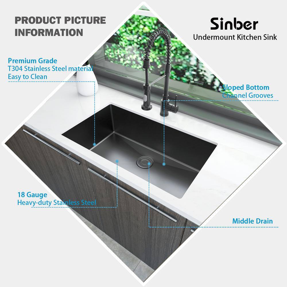 Sinber Black Stainless Steel Drop-In Single Bowl Sink with Drainboard