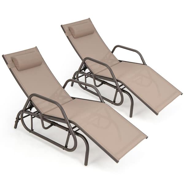Costway 2-Pieces Brown Metal Outdoor Chaise Lounge Glider Recliner Chair Adjustable Sturdy Frame