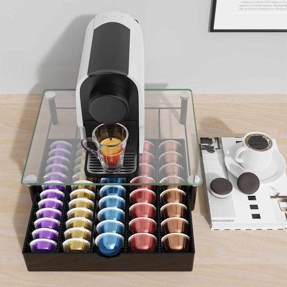Lynzavix Black Coffee Pod Organizer Drawer with Tempered Glass Top