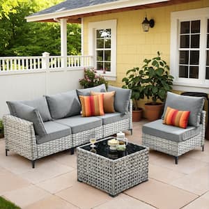 Holston 5-Piece Wicker Modern Outdoor Patio Conversation Sofa Sectional Set with Dark Grey Cushions