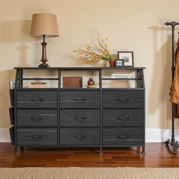 35 in. Black Wood Steel Frames Storage Cabinet with 9-Larger Drawers and 2-Open Shelves