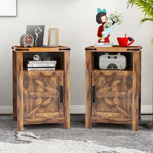 Brown Nightstand with Charging Station, Farmhouse End Table with Barn Door, Sofa Side Table with Storage Space (2-Piece)