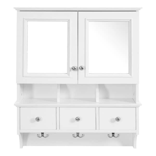 24 in. W x 28.75 in. H Rectangular MDF Medicine Cabinet with Mirror, Drawers and Organizer Hooks in White