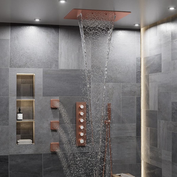 Luxury 3-Spray 2.5 GPM 23.62 in. Ceiling Mount Dual Shower Heads Fixed and Handheld Shower Heads in Brushed Rose Gold