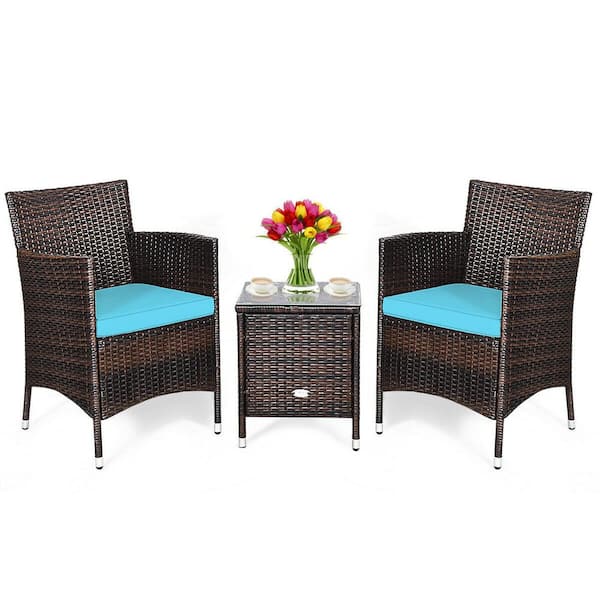 Gtnali Outdoor 3-Pieces Wicker Patio Conversation Set With Blue Cushions