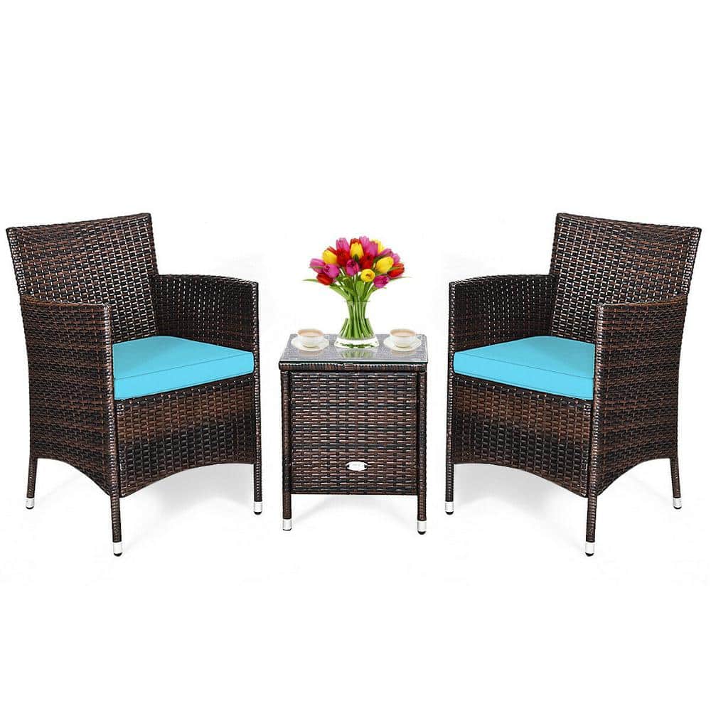 Outdoor 3-Pieces Wicker Patio Conversation Set With Blue Cushions