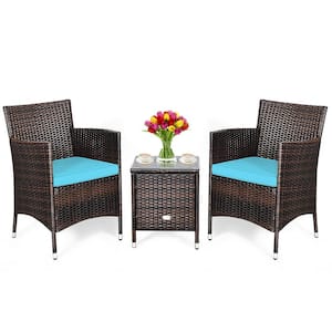Outdoor 3-Pieces Wicker Patio Conversation Set With Blue Cushions