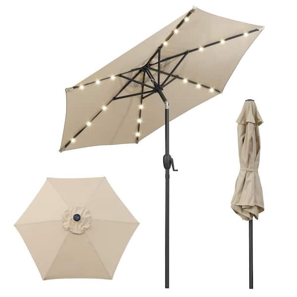 7.5 ft. Steel Market Solar Patio Umbrella with 18 LED Lights and Crank Handle in Beige