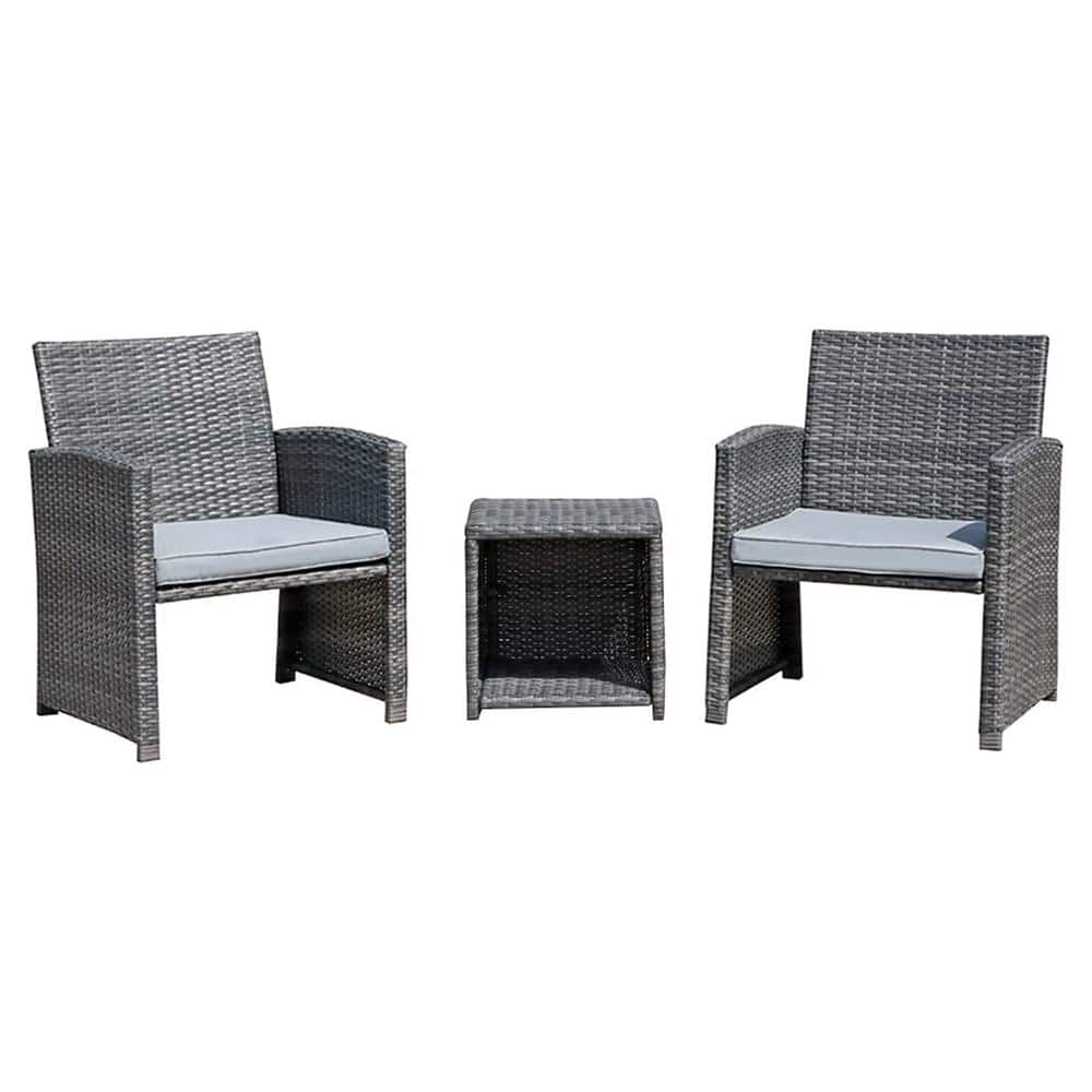 3-Piece Gray PE Wicker Outdoor Patio Conversation Set with Gray Cushions an