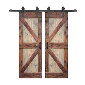 K Series 56 in. x 84 in. Brown/Walnut Finished Soild Wood Double Sliding Barn Door With Hardware Kit - Assembly Needed