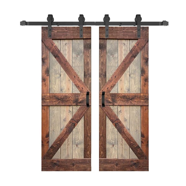 ISLIFE K Series 56 in. x 84 in. Brown/Walnut Finished Soild Wood Double Sliding Barn Door With Hardware Kit - Assembly Needed