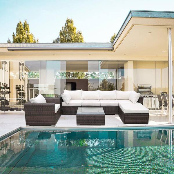 Wateday Outdoor Brown 7-Piece Wicker Patio Conversation Set with Beige Cushions