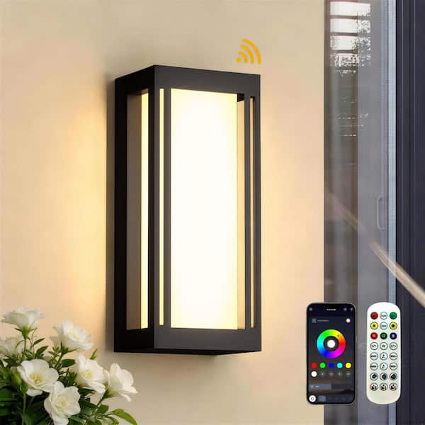 14.5 in. Black RGB Dusk to Dawn Dimmable Outdoor Hardwired Aluminum Wall Light Sconce Integrated LED (Set of 2)