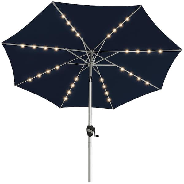 PASAMIC 9 Ft. Aluminum Outdoor Patio Umbrella Market Umbrella with Push Button Tilt & LED lights in Navy Blue