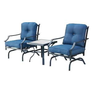3-Piece Metal Square Rocking Outdoor Bistro Set with Blue Cushion