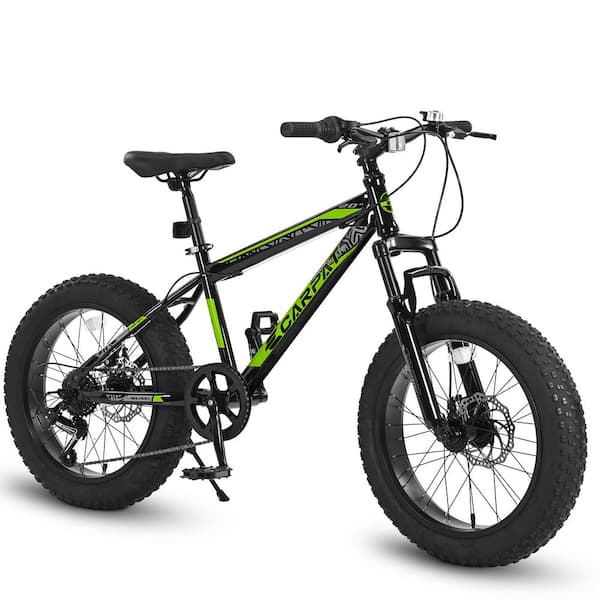 20 in. Green Fat Tire Bike Full Shimano 7 Speed Mountain Bike, Dual Disc Brake,High-Carbon Steel Frame,Front Suspension
