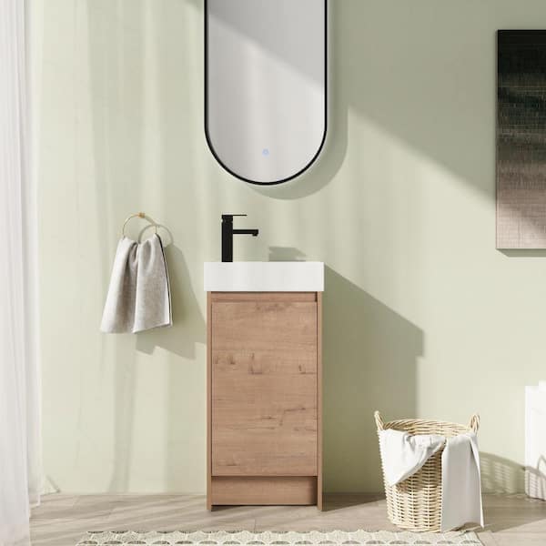 16 in. Freestanding Single Oak Bath Vanity with White Ceramic Vanity Top Assembled