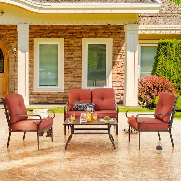TOP HOME SPACE Black 4-Piece Metal Patio Conversation Set with 6.3 in. Red Cushions