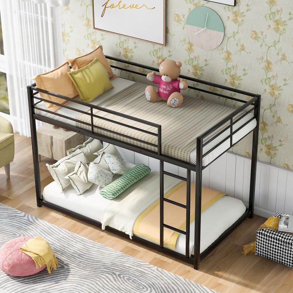 Harper & Bright Designs Black Twin Over Twin Metal Low Bunk Bed with ...