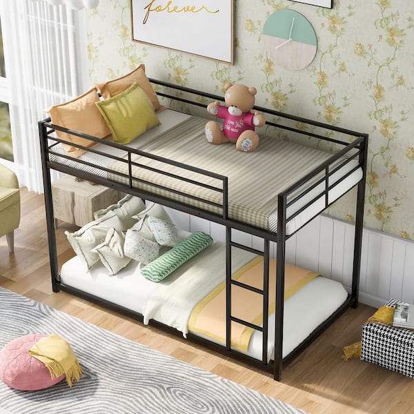 Black Twin Over Twin Metal Low Bunk Bed with Ladder