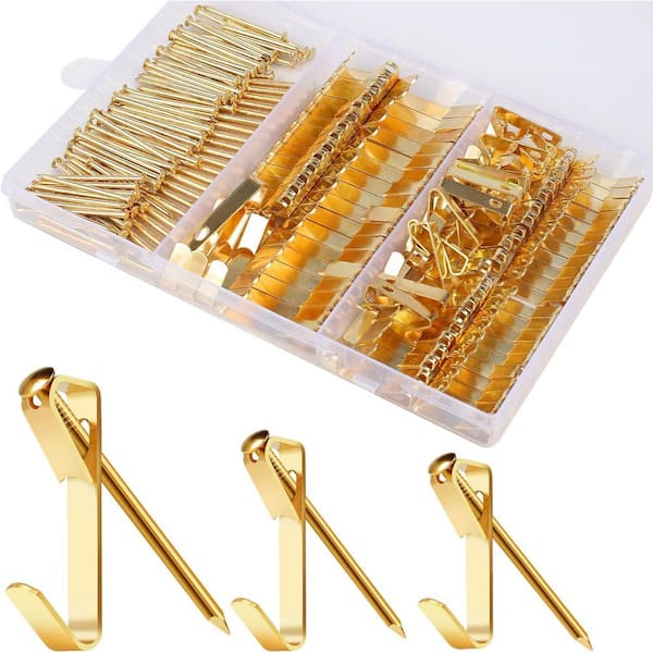 Gold Picture Hanging Kit 184-Pieces 20 lbs. 30 lbs. 50 lbs. Metal Hanging Hooks w/ Nails for Drywall Wooden Wall 1-Pack