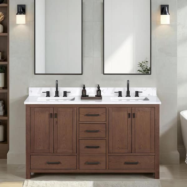 Modero 61 in. Double Sink Mocha Oak Bath Vanity with Cala White Engineered Stone Top