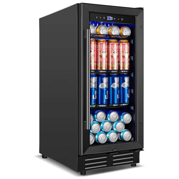 14.96 in. Single Zone 160-Can Built in Beverage Refrigerator in Black with Reversible Door Hinge and Auto Blue Lighting