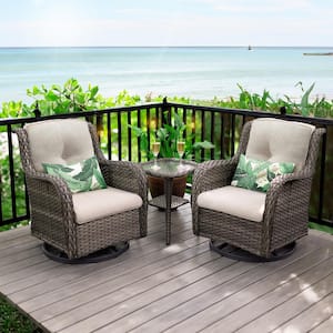 3-Piece Wicker Patio Swivel Outdoor Rocking Chair Set with Beige Cushions and Table