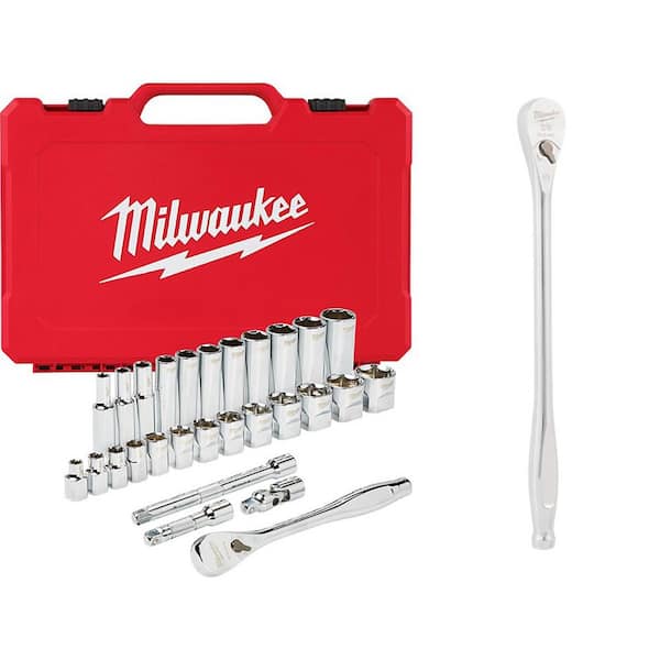 Milwaukee 3/8 in. Drive SAE Ratchet and Socket Mechanics Tool Set with 3/8 in. Drive 90-Tooth 12 in. Extended Ratchet (29-Piece)