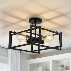 14.96 in. 4-Lights Black Industrial Square Frame Semi-Flush Mount Ceiling Light for Kitchen Island,Entryway,Hallway